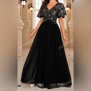 UNITHORSE Contrast Sequin Flounce Sleeve Formal Dress, black silver